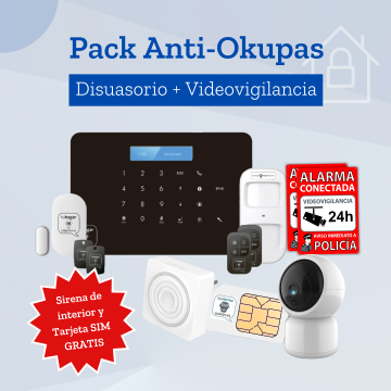Pack anti okupa disuasorio con videovigilancia: Kit de Alarma + Cámara de interior + Sirena de interior gratis + Tarjeta Memoria 32gb gratis + Tarjeta SIM Gratis